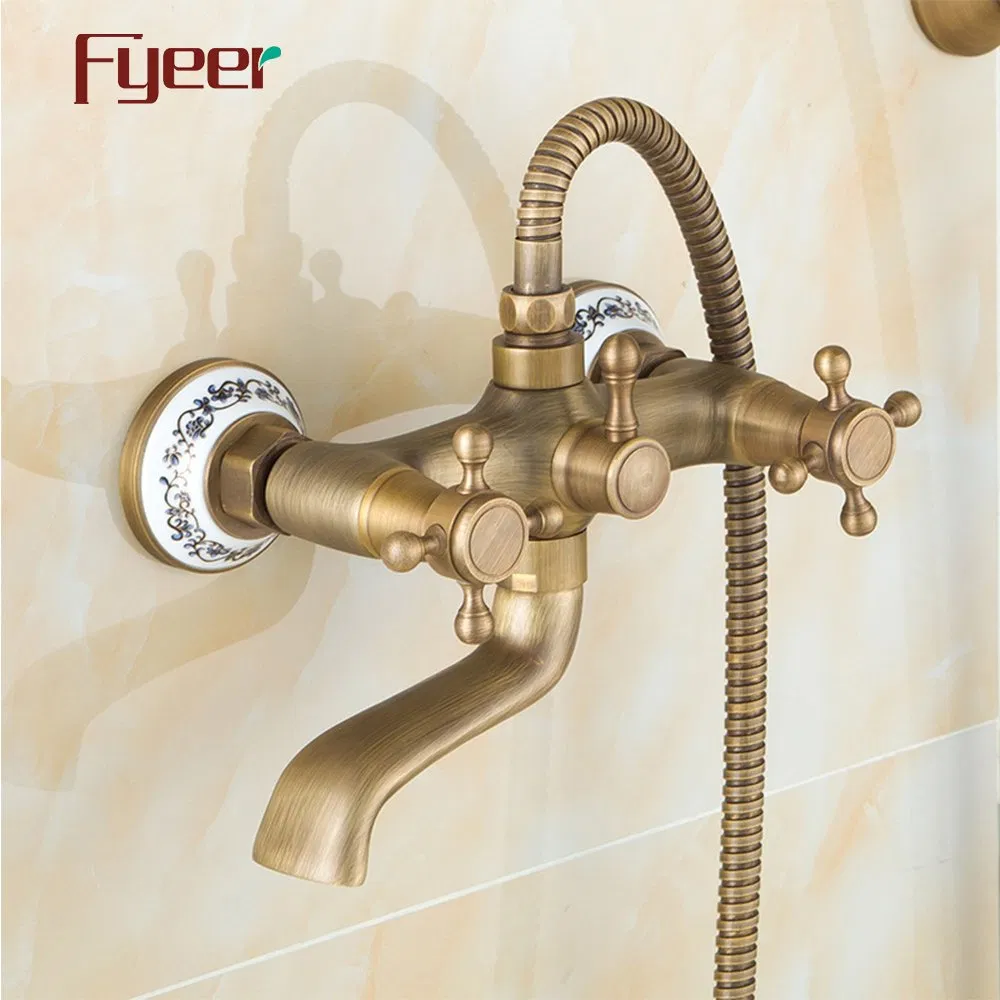 Fyeer Double Handle Antique Brass Bath&Shower Mixer with Ceramic Base