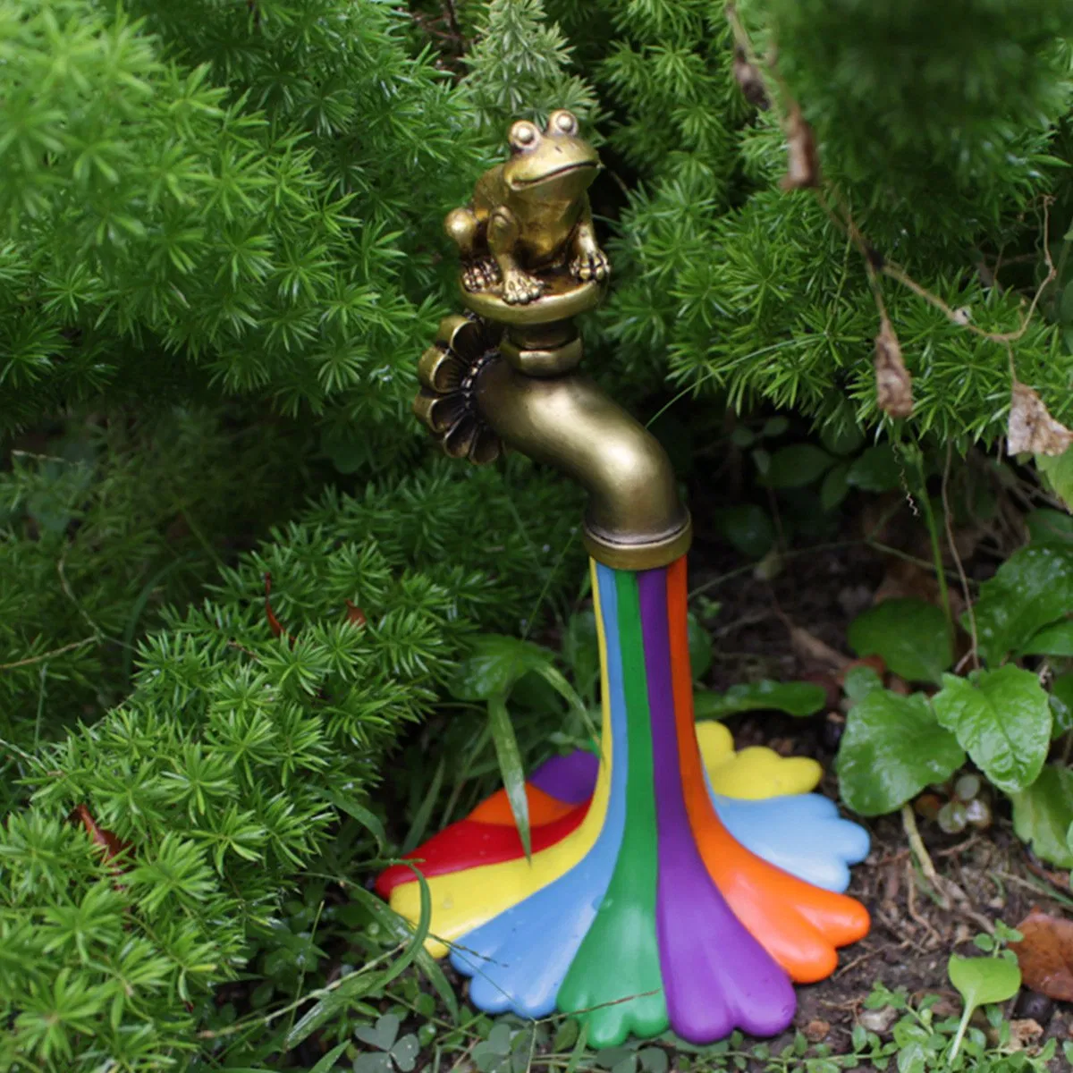 19cm 7.5inch Courtyard Pool Rockery Landscape Resin Crafts Creative Garden Decoration Frog Rainbow Faucet Water Tap Ornaments