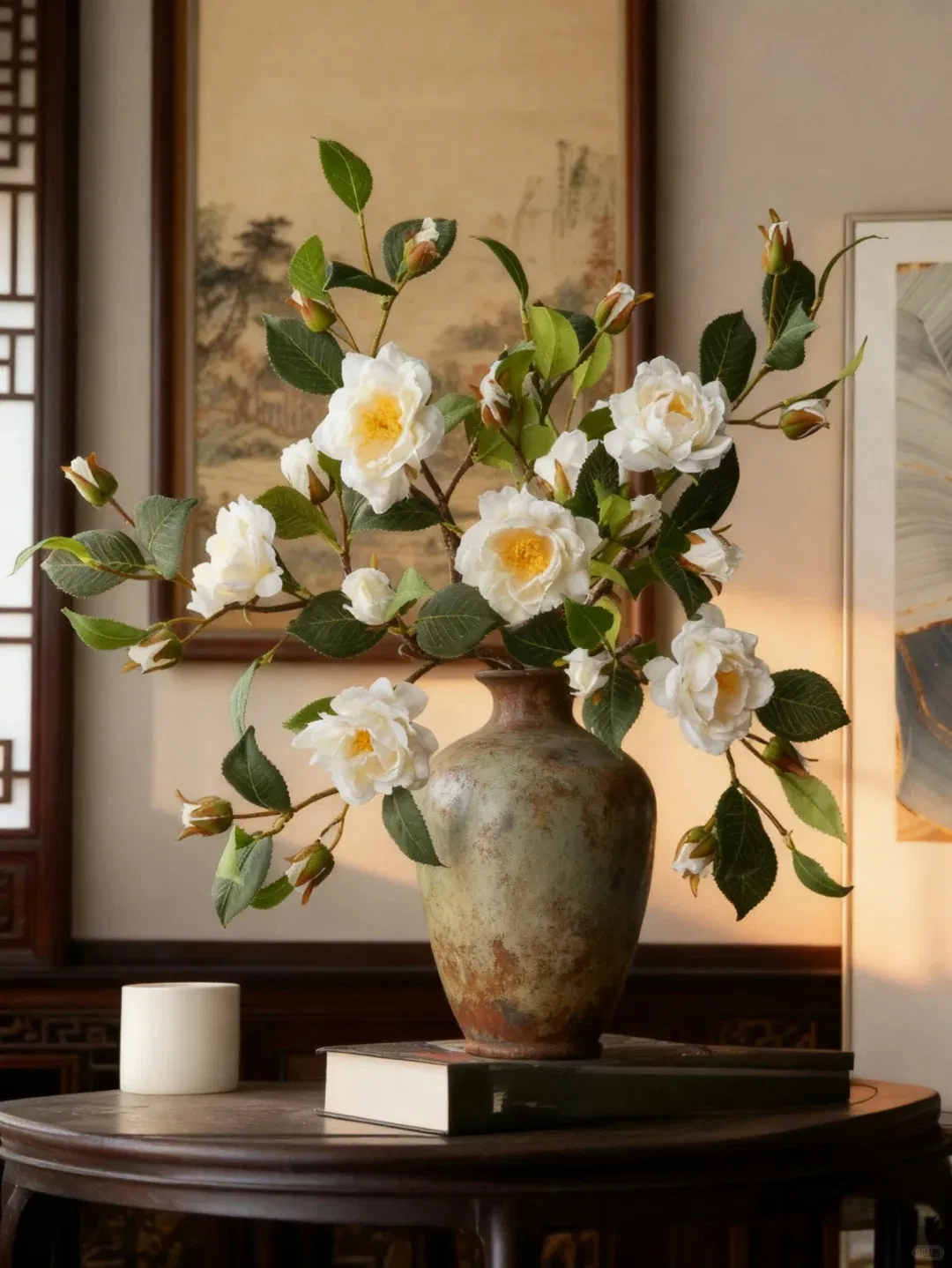 Artificial Camellia Floral Arrangement Vase