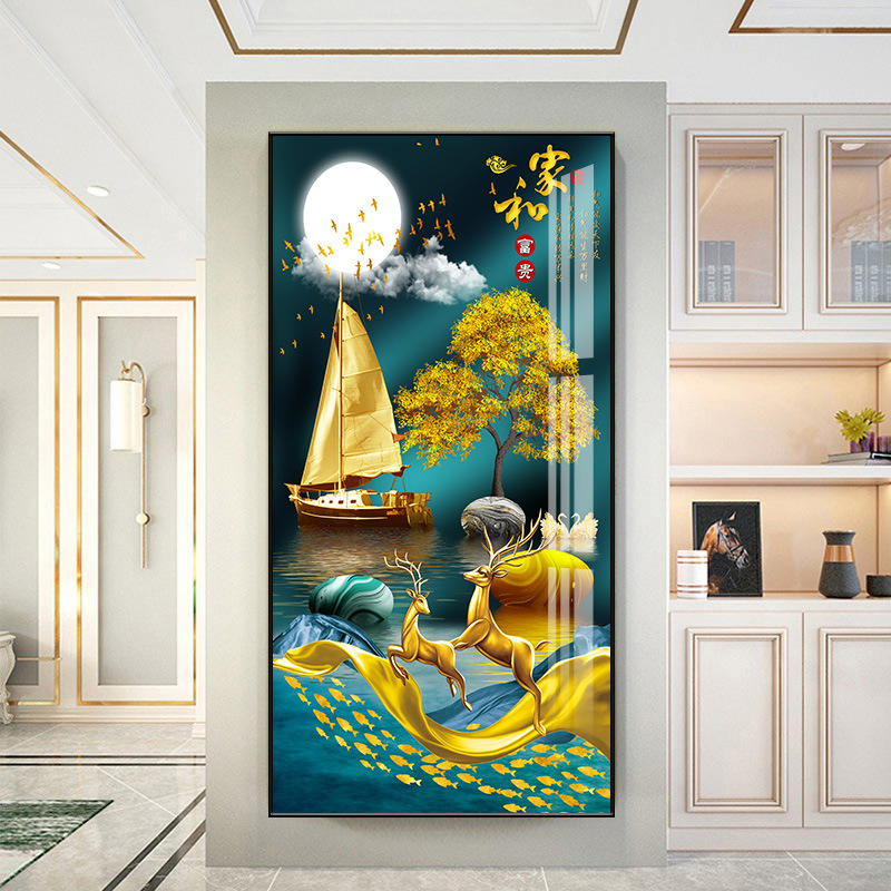 Abstract Luxury Geometry Feather Leaf Light Deer Decorative Wall Art Golden Living Room Porch Decor Cuadros Painting