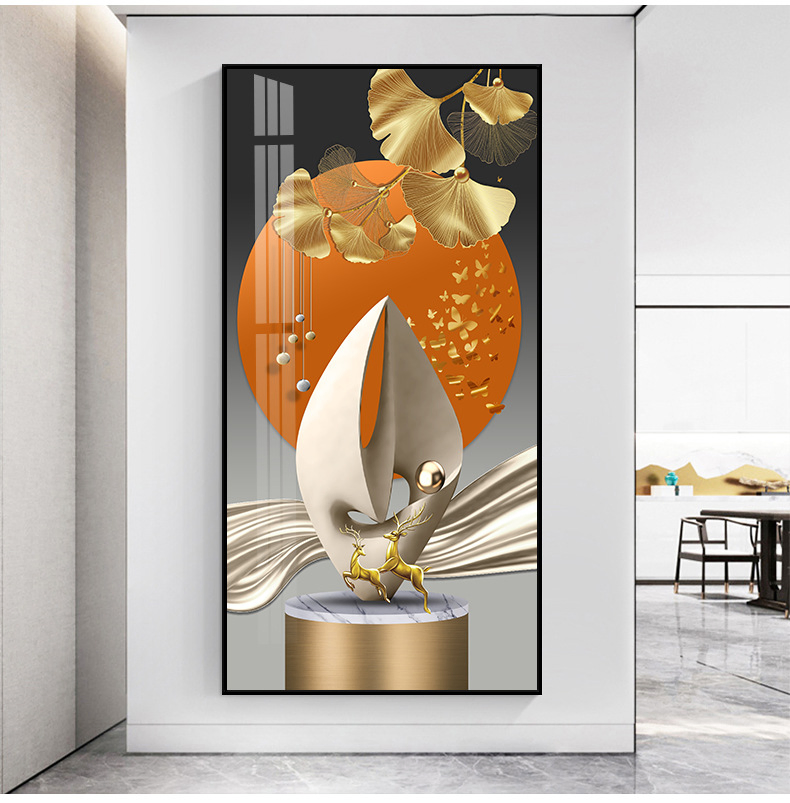 Abstract Luxury Geometry Feather Leaf Light Deer Decorative Wall Art Golden Living Room Porch Decor Cuadros Painting