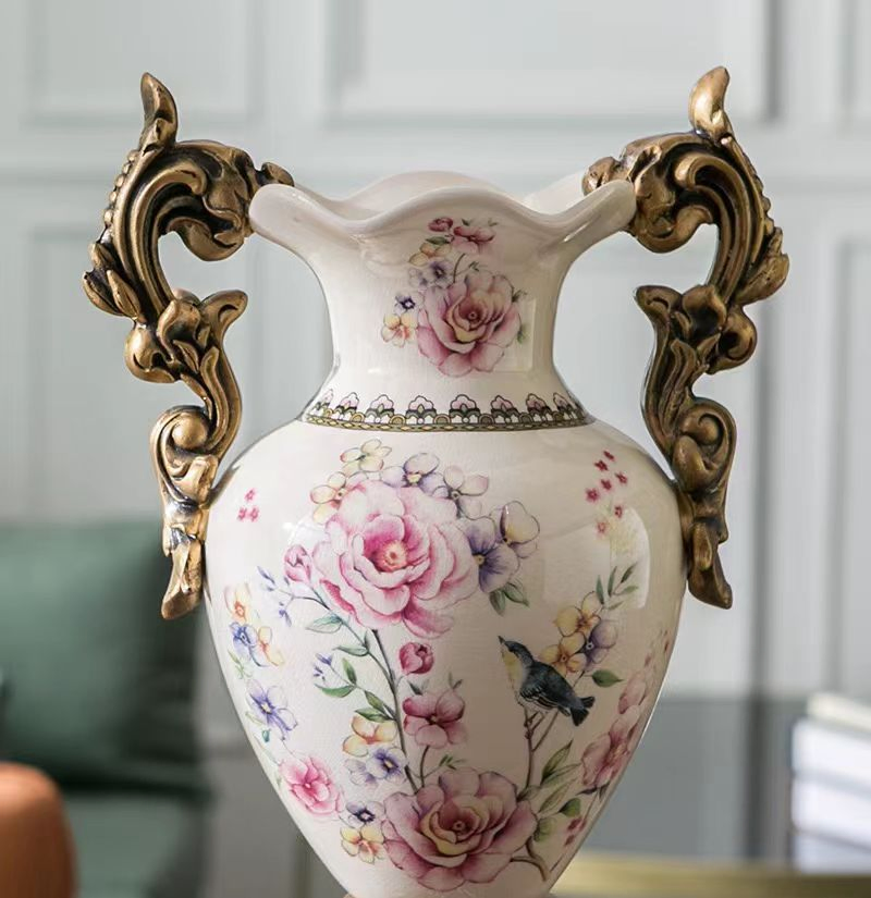 Hand Painted Crackle Glazed Ceramic Vase with Ornate Bronze Handles
