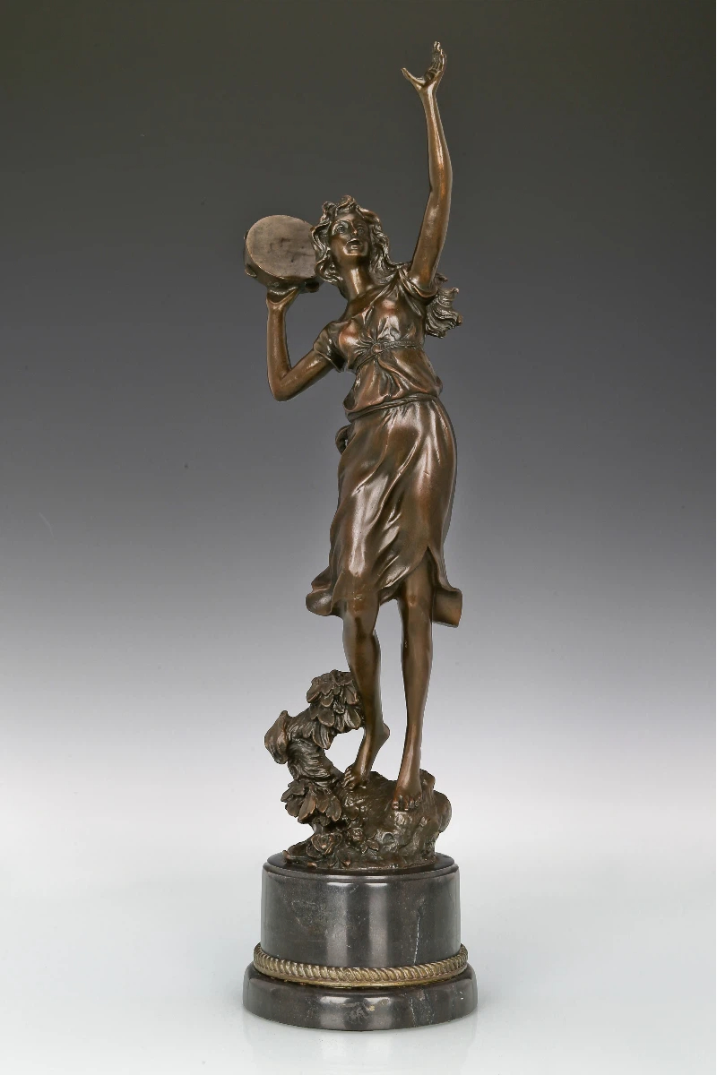 European Neoclassical Dancing Lady Bronze Statue with Tambourine-Solid Copper Figurine for Luxury Home, Office, Hotel, Gallery