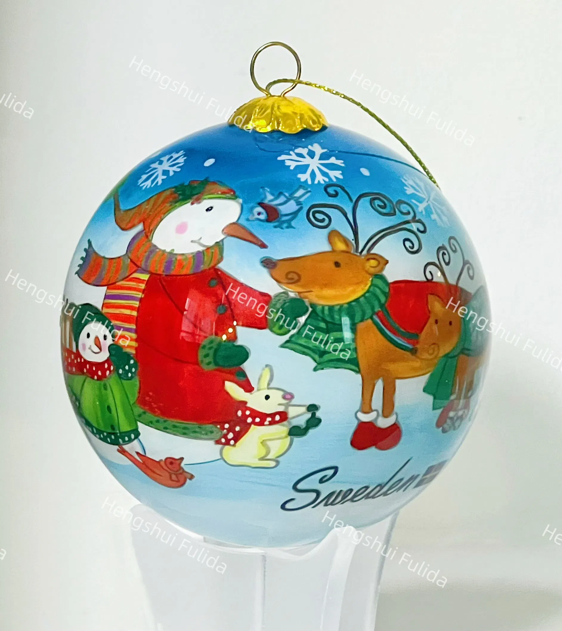 Inside Reverse Hand Painted Glass Christmas Xmas Ball with The Snowman