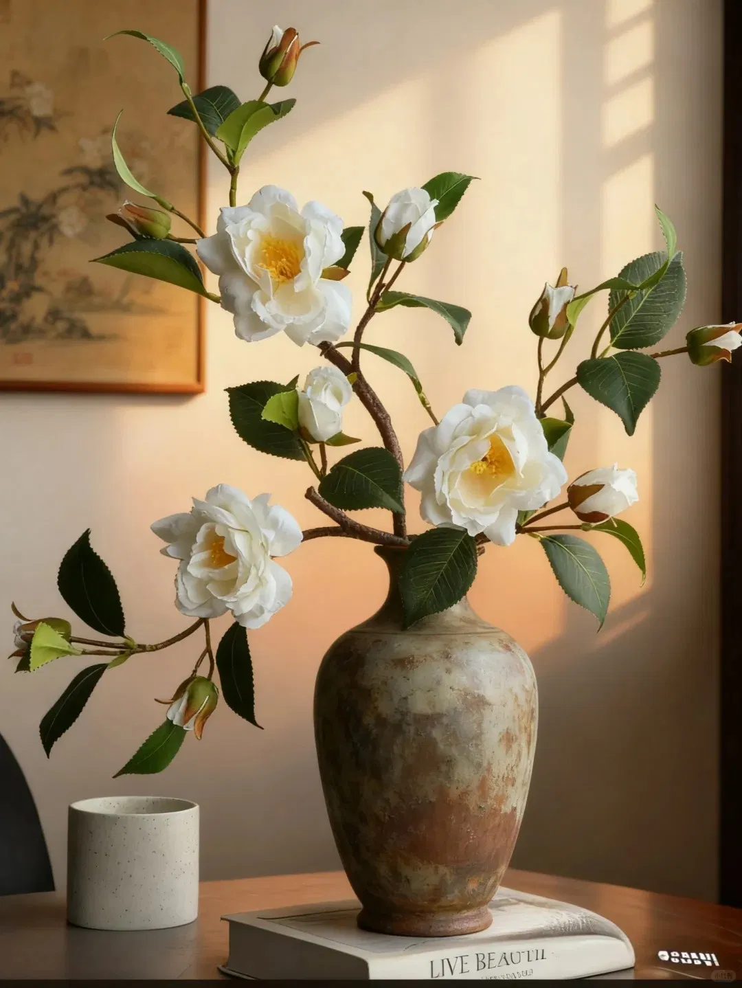 Artificial Camellia Floral Arrangement Vase