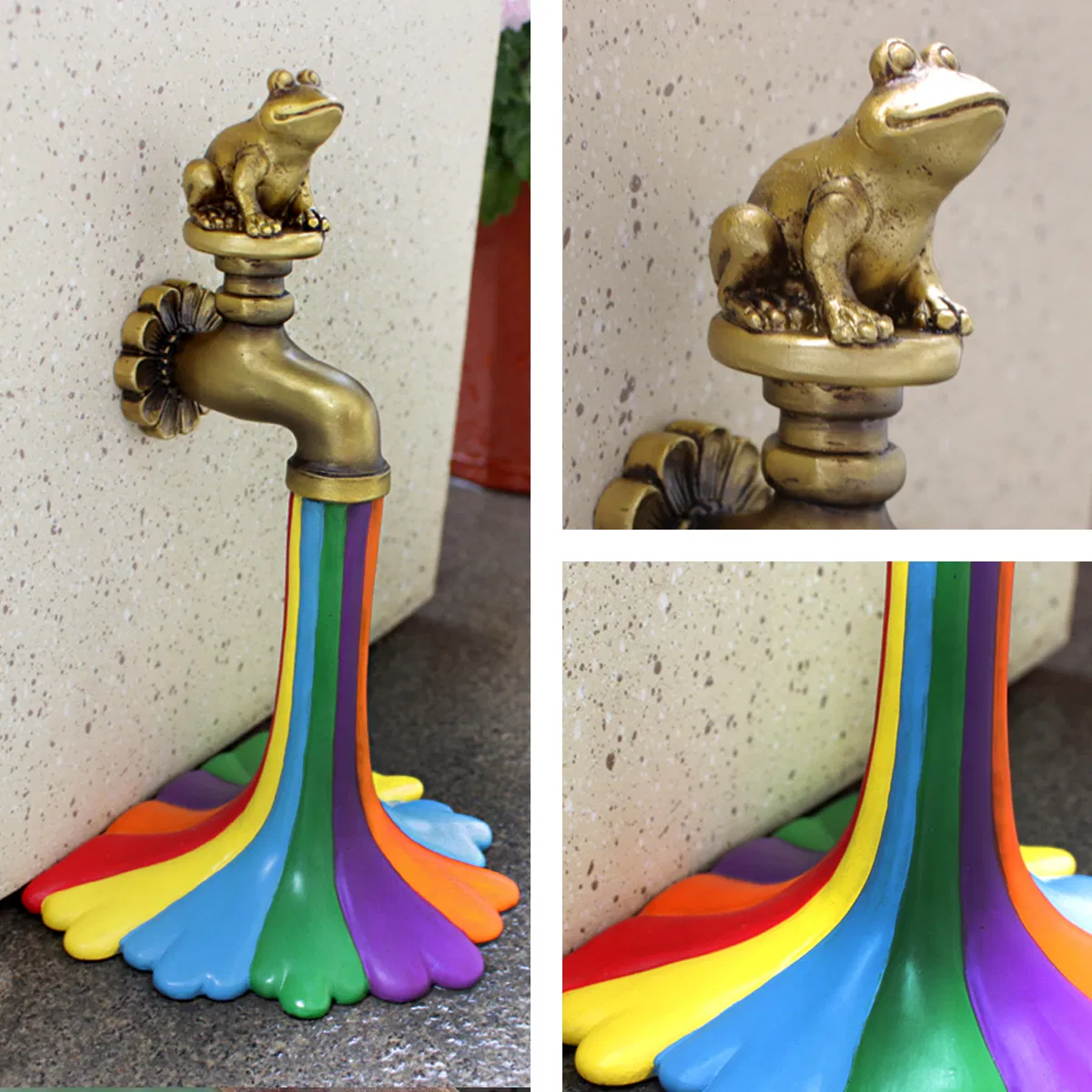 19cm 7.5inch Courtyard Pool Rockery Landscape Resin Crafts Creative Garden Decoration Frog Rainbow Faucet Water Tap Ornaments