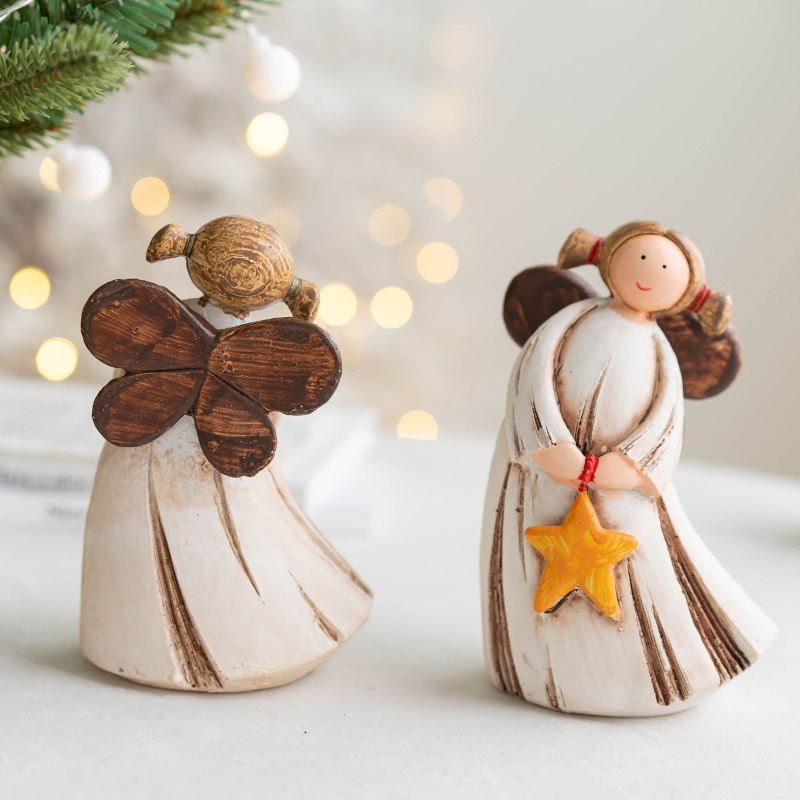 11cm 4.3inch Customized Resin Handmade Painting Woodlike Polyresin Angel Heart Star Christmas Ornaments