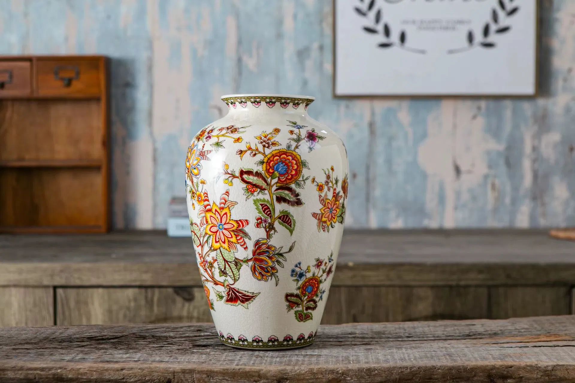 Vintage Crackle Glazed Ceramic Vase with Hand-Painted Floral Motifs
