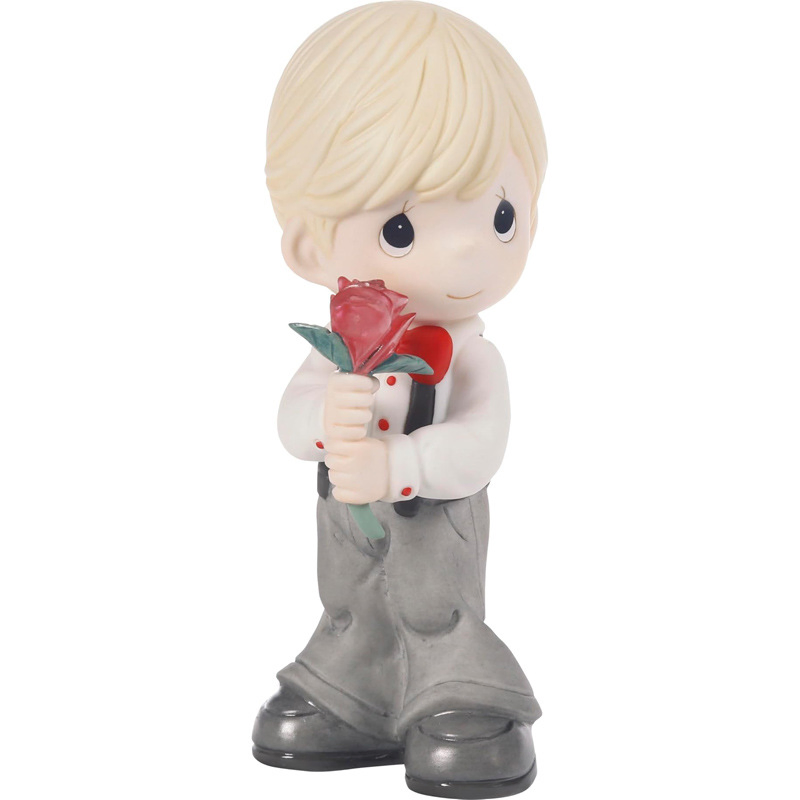 11cm 4.3inch Valentine's Day Boy Holding Rose Statue Home Desktop Ornaments Resin Crafts Creative Decorations Gifts