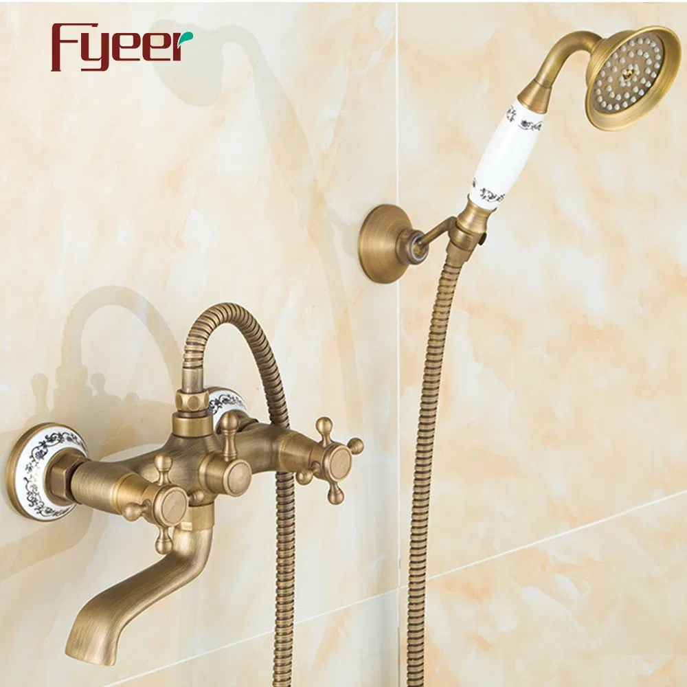 Fyeer Double Handle Antique Brass Bath&Shower Mixer with Ceramic Base