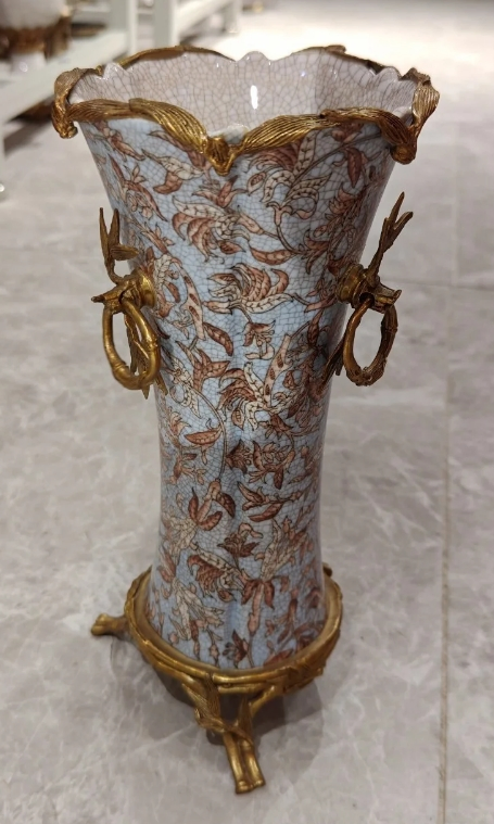 Crackle Glazed Ceramic and Vase with Gilded Bronze Mounts
