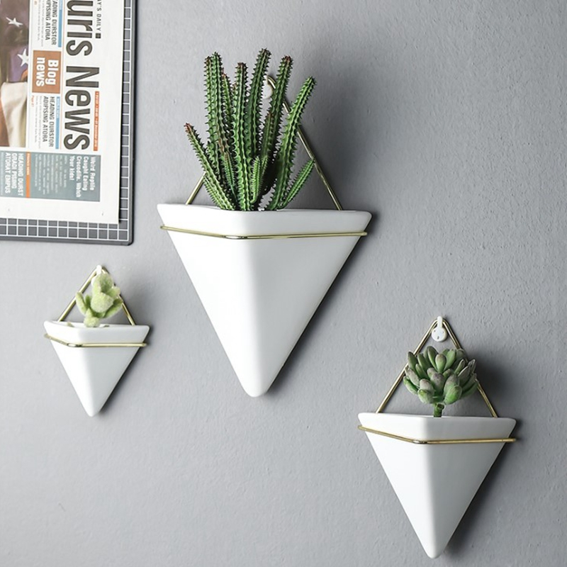 Triangle Geometric White Modern Ceramic Succulent Air Plant Holder Hanging Wall Planter Vase for Home Office Decor Decoration Birthday Wedding Gift