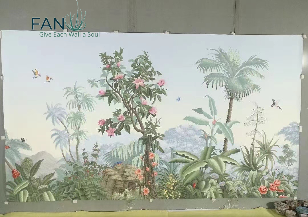 Zhenling Hand-Painted Red-Crowned Crane and Indian Architecture Design Wallpaper for Indoor Wall Decoration