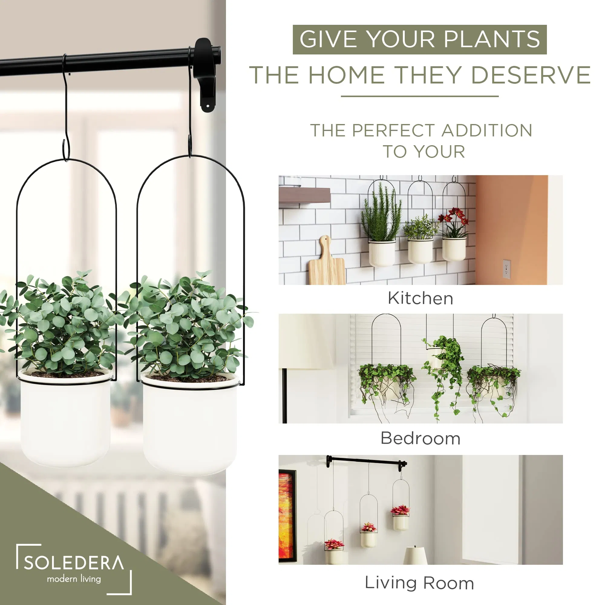 Hanging Planter with 3 Ceramic Pots Indoor Hanging Pot for Herb Garden Succulents Vine Plants Flowers Outdoor Plant Basket Modern Home Decoration for Window
