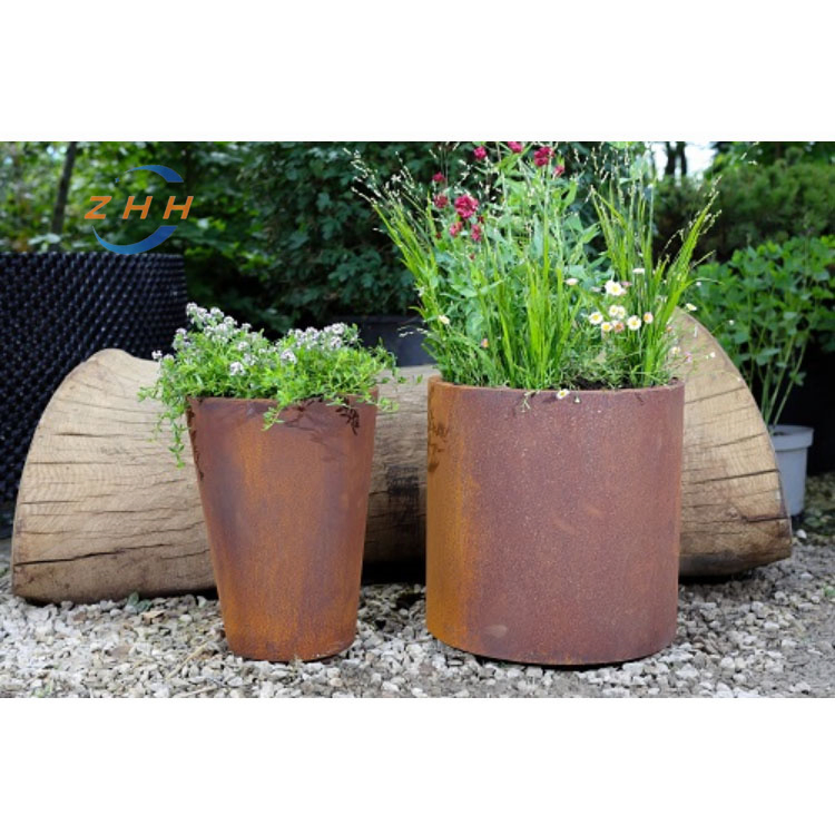 Modern Style Oriented Cylinder Corten Steel Planters Rust Plated Metal