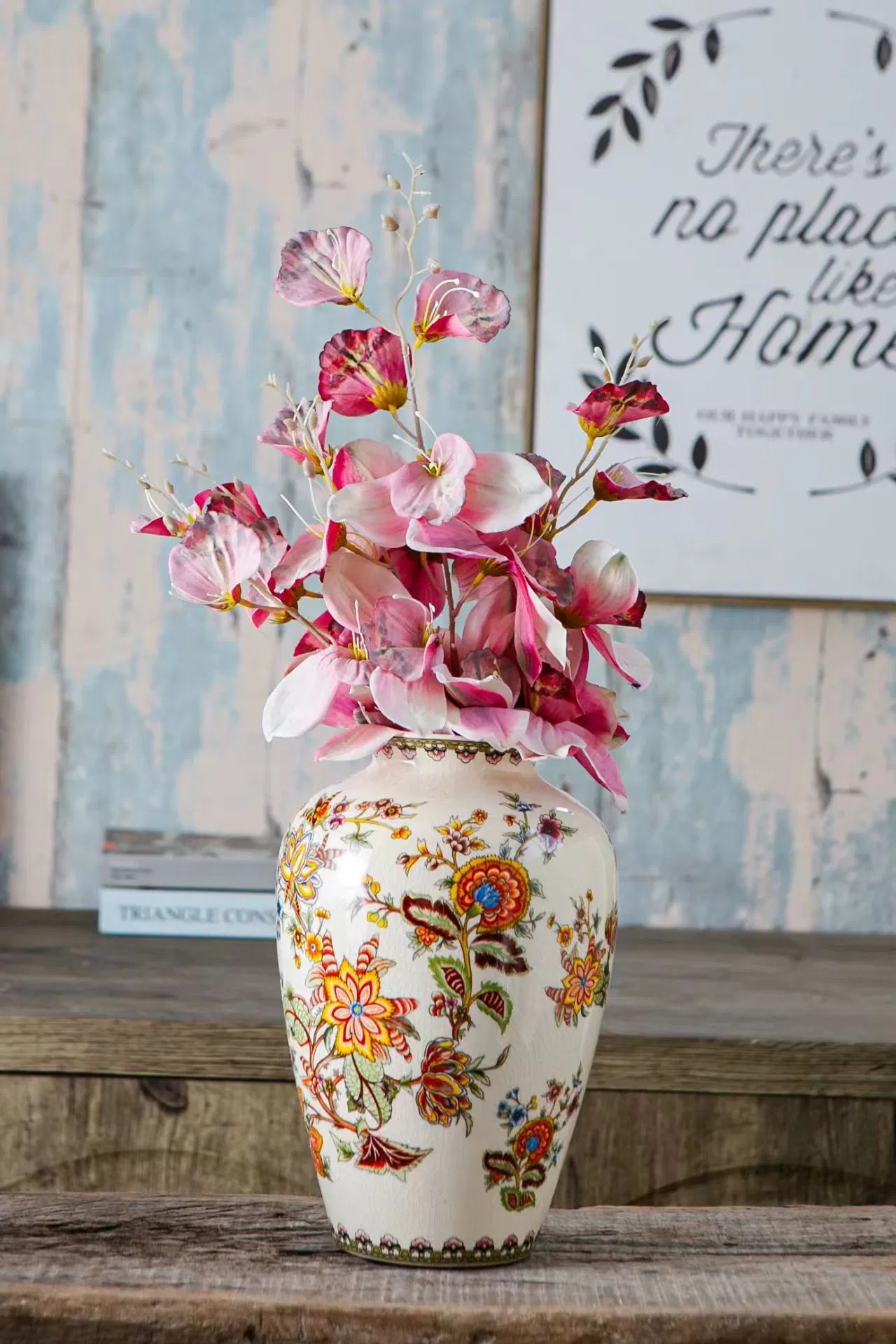 Vintage Crackle Glazed Ceramic Vase with Hand-Painted Floral Motifs
