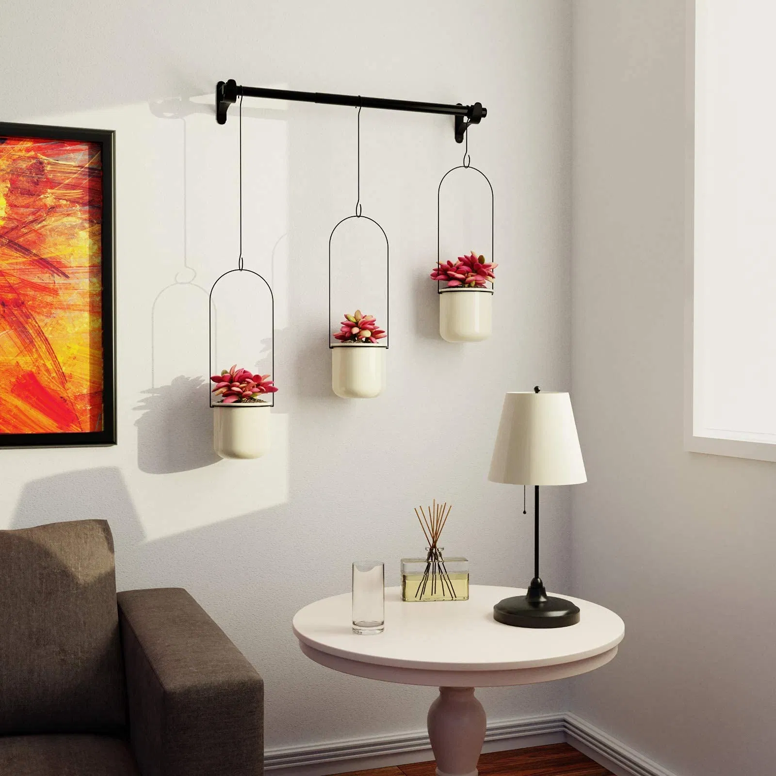 Hanging Planter with 3 Ceramic Pots Indoor Hanging Pot for Herb Garden Succulents Vine Plants Flowers Outdoor Plant Basket Modern Home Decoration for Window