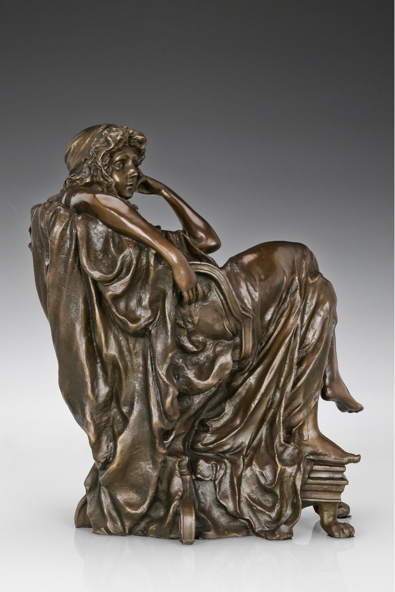 Contemplative Young Woman Bronze Statue-Seated Solid Copper Neoclassical Sculpture Figurine