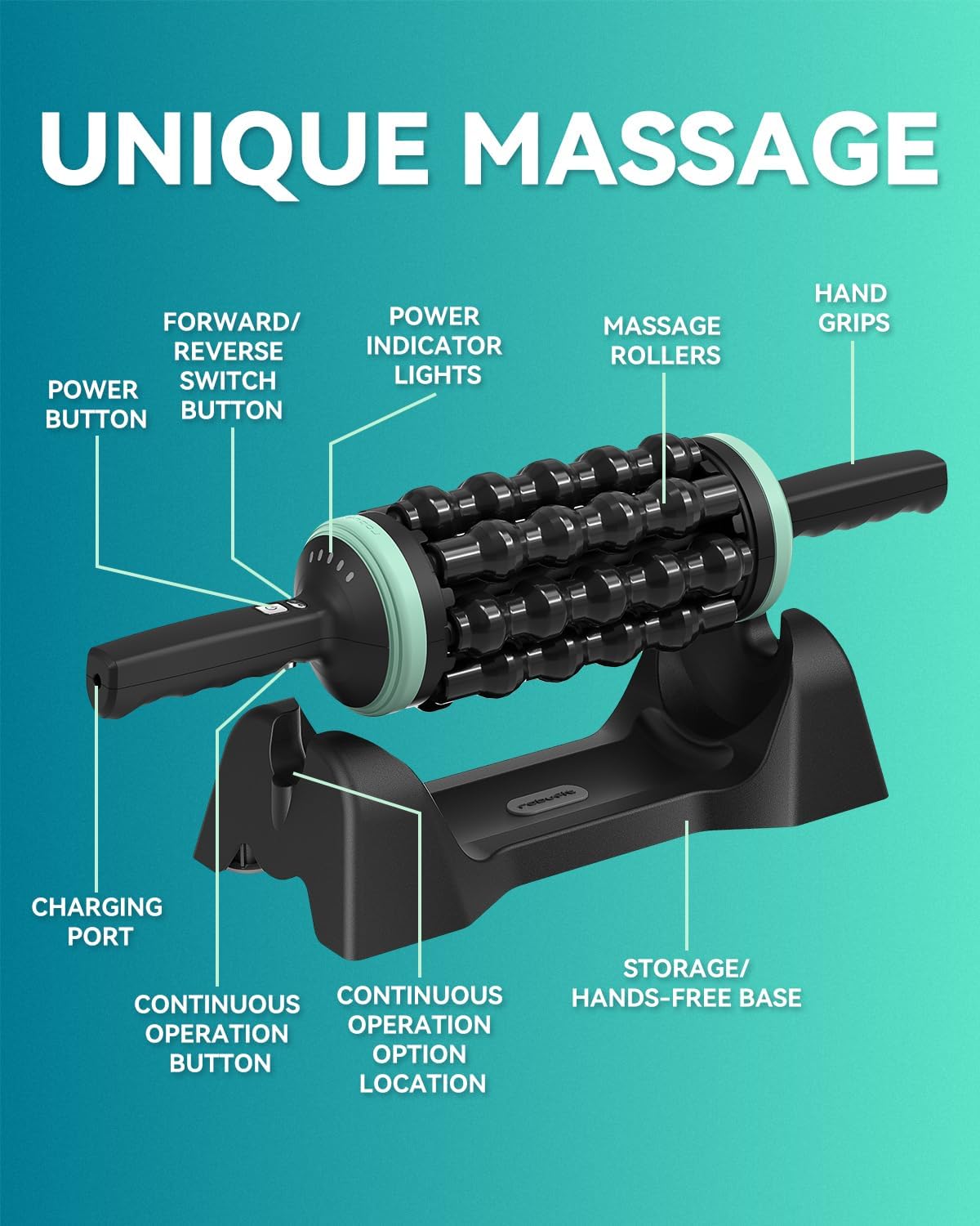 NEW Rolling Percussive Massager Whole Body Relief Deep Tissue and Muscle Recovery Roller Massager with Hands-Free Base