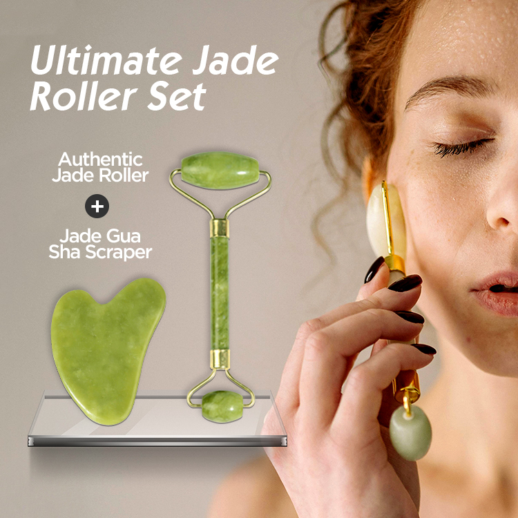 Wholesale Natural Stone Head Neck Spa Massager Jade Facial Massage Roller and Guasha Set Green Jade Roller Gua Sha