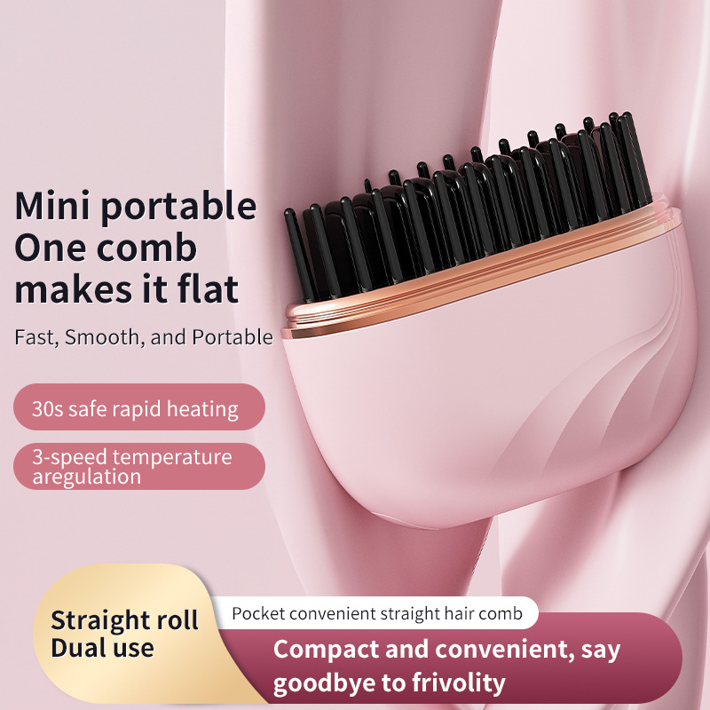 Cordless Mini Hair Straightener Brush Rechargeable Portable Hair Straightener Brush Fast Heating Hot Comb 3-Speed Temperature