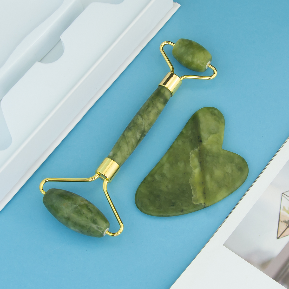 Custom Logo Facial Massage Tool Jade Massager Roller Set Green Xiuyan Gua Sha Stone Jade Roller for Face