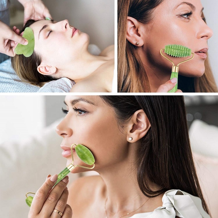 Wholesale 2 In 1 Gem Stone Gua Sha Scraper Skin Care Green Crystal Jade Rollers For Facial Massage