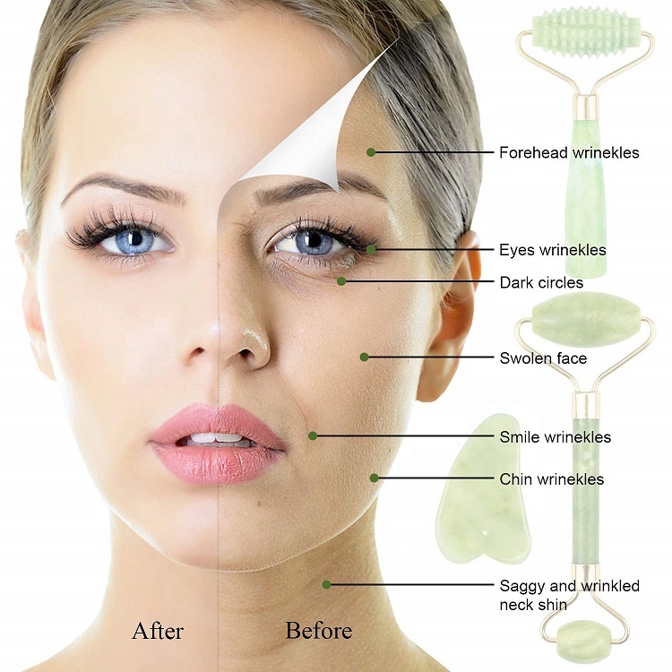 Wholesale 2 In 1 Gem Stone Gua Sha Scraper Skin Care Green Crystal Jade Rollers For Facial Massage