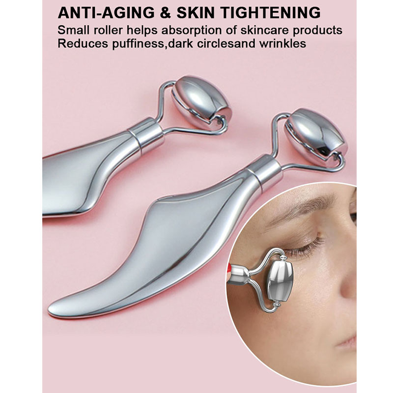 New 2-in-1 Dual Head Stainless Steel Facial Gua Sha Massage Tool Skin Care Anti Aging Wrinkle Smoothing Face Metal Jade Roller