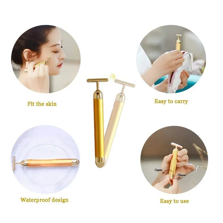 Amazon Hot Home Use Beauty Equipment 24K Gold Vibrating Lifting Skin Care Tools Electric Massage Face Roller Facial Vibration Massager