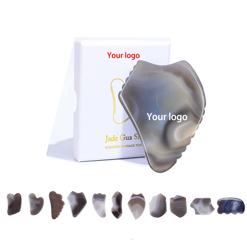 Premium Grey Agate Jade Roller Blank Label Body Massage Tool with Gua Sha Comb Anti-Rides Face Sculpting Tool