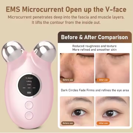 Professional Hand Held USB Powered Microcurrent EMS Facial Massager Pink White Aluminum Alloy Waterproof 3-Level Anti-Aging Skin