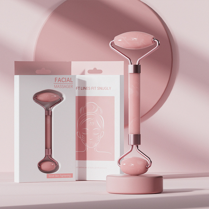 High Quality Facial Massager Rose Quartz Gua Sha Set Pink Jade Roller With Box Packing Neck Roller Massage Tool