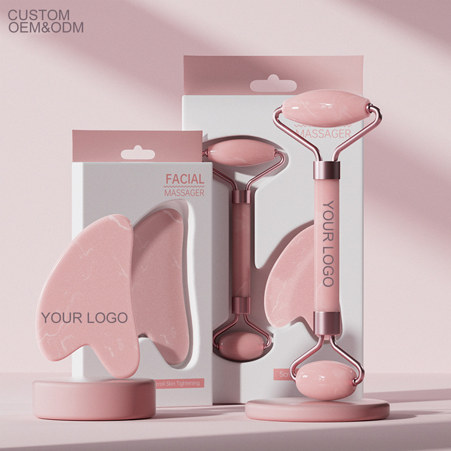 High Quality Facial Massager Rose Quartz Gua Sha Set Pink Jade Roller With Box Packing Neck Roller Massage Tool