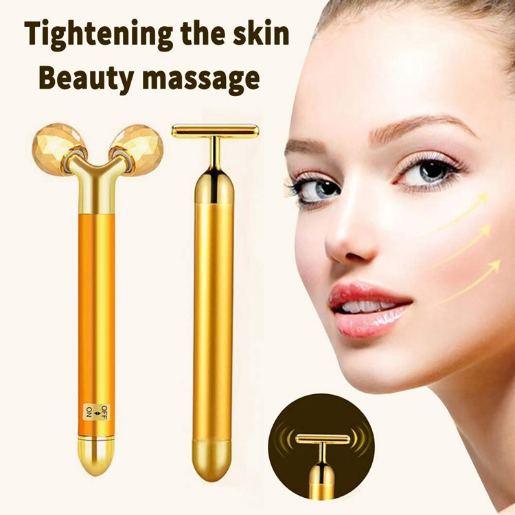 Amazon Hot Home Use Beauty Equipment 24K Gold Vibrating Lifting Skin Care Tools Electric Massage Face Roller Facial Vibration Massager