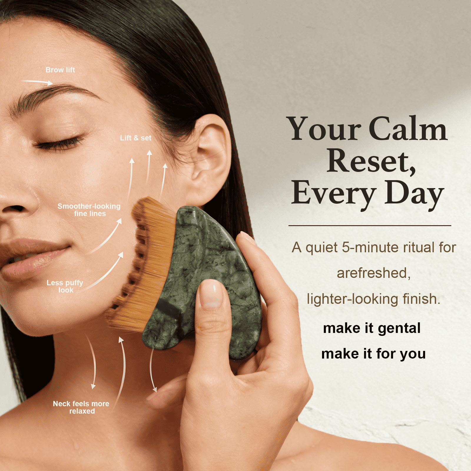 Factory 2-in-1 Jade Gua Sha Comb And Face Sculpting Brush For Jawline And Chin Definition And Lymphatic Drainage
