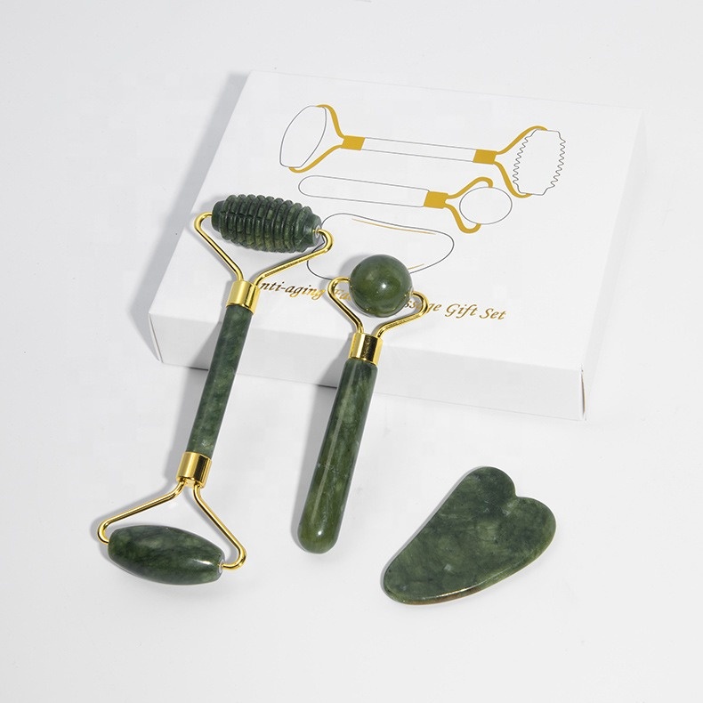 3 Pcs Jade for Face Sculpting Tool Roller Massager Gua Sha Gift Set Stone, Jade Gua Sha Scraping Massage Facial Tools for Women