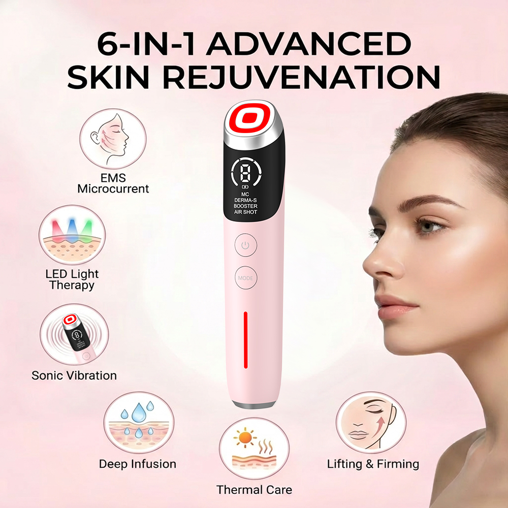 6-in-1 Skin Care Device Facial Roller Vibration Face Neck Lifting Wireless Microcurrent Face Beauty Massager Tool for Puffiness