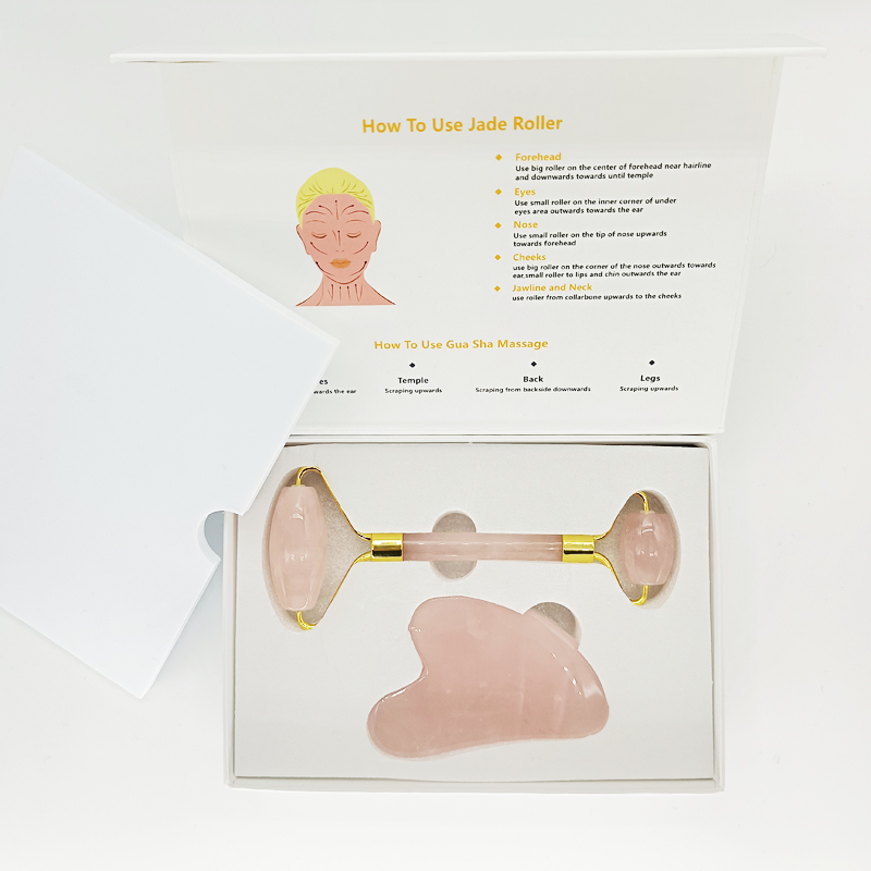 Handheld Natural pink Rose Quartz Crystal Face Massage Real Jade Facial Roller and Gua Sha Set