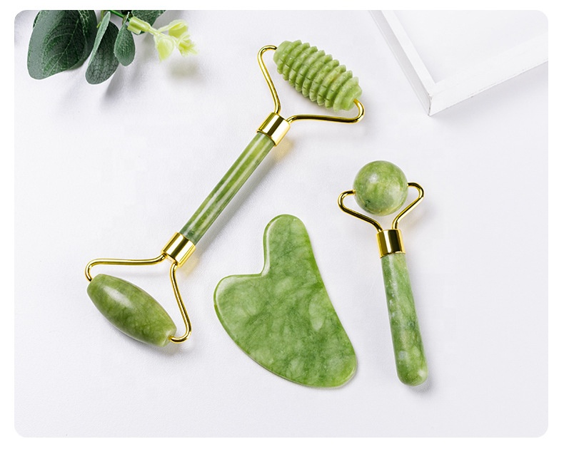 Green Vein Jade Roller for Facial Neck Body &amp; Muscle Relaxation Anti-Aging Gua Sha Face Massage Kit