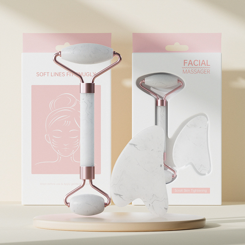 High Quality Facial Massager Rose Quartz Gua Sha Set Pink Jade Roller With Box Packing Neck Roller Massage Tool