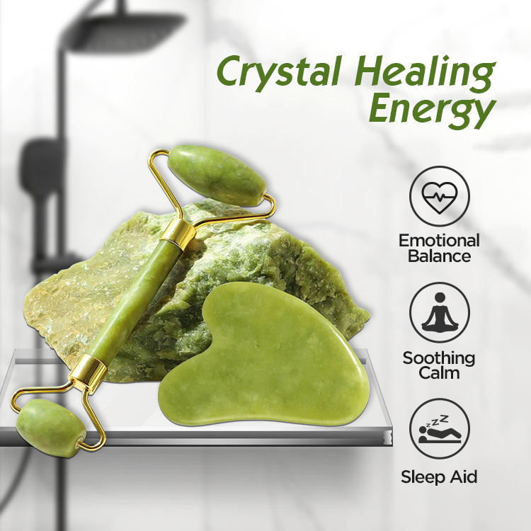 Wholesale Natural Stone Head Neck Spa Massager Jade Facial Massage Roller and Guasha Set Green Jade Roller Gua Sha