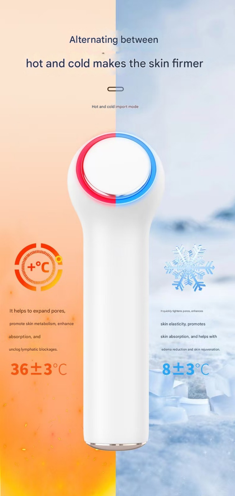 Hot Cold Facial Device for Pores LED Ice Compress &amp; Warm Therapy Rechargeable Beauty Tool IPX7 Waterproof Skin Care Massager