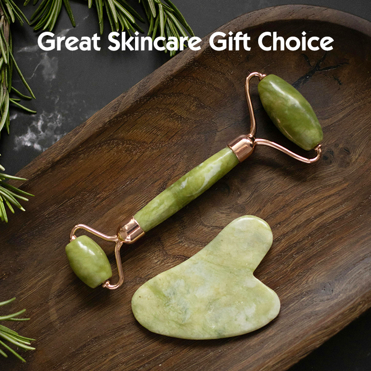 Wholesale Natural Stone Head Neck Spa Massager Jade Facial Massage Roller and Guasha Set Green Jade Roller Gua Sha