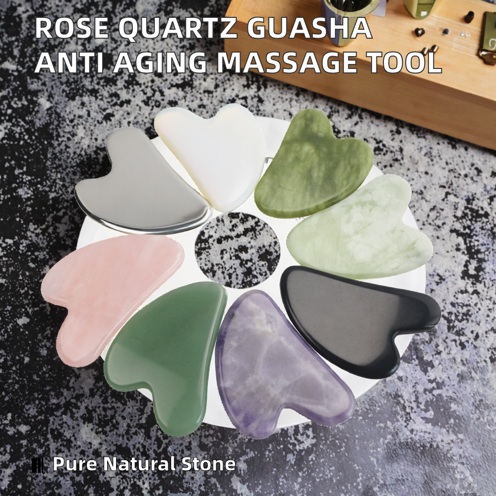 Natural Rose Quartz &amp; Jade Face Guasha Anti-Aging Facial Massager Portable Tool with Custom Logo