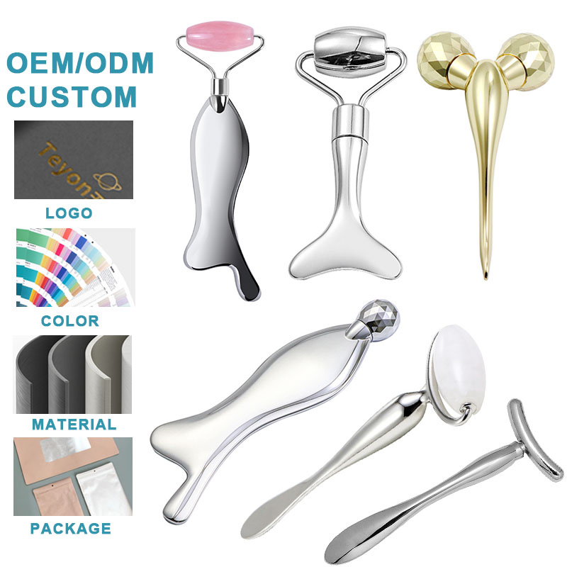 New 2-in-1 Dual Head Stainless Steel Facial Gua Sha Massage Tool Skin Care Anti Aging Wrinkle Smoothing Face Metal Jade Roller