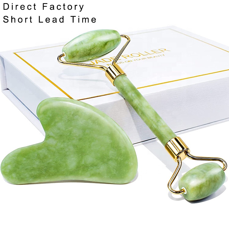 Wholesale 2 In 1 Gem Stone Gua Sha Scraper Skin Care Green Crystal Jade Rollers For Facial Massage