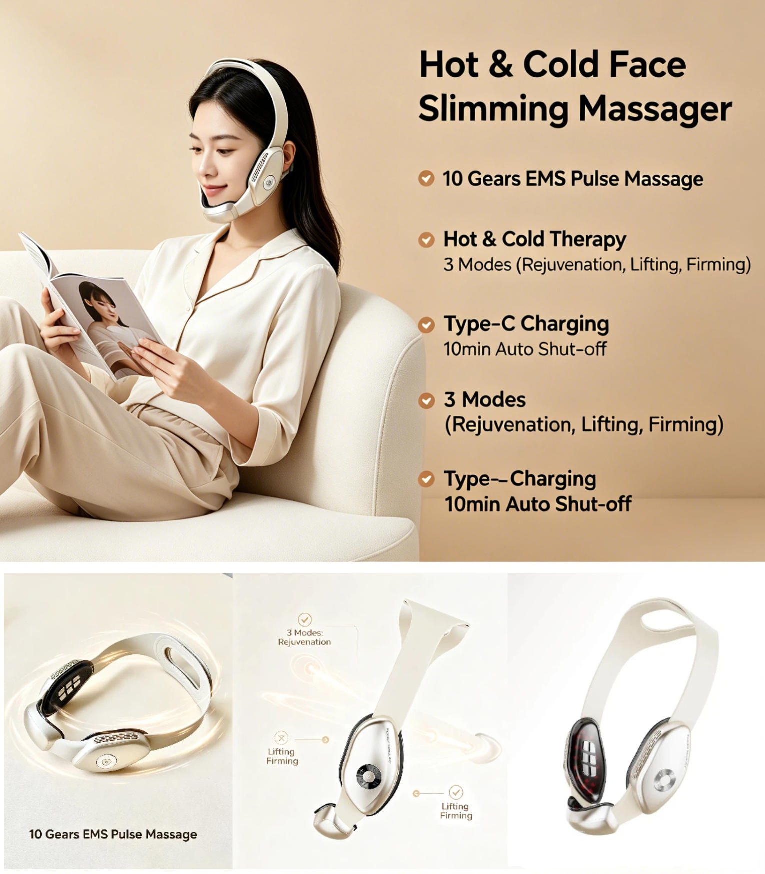 Type-C Rechargeable Face Massager with 70-Minute EMS Pulse Lightweight 235g V-Line Tool for Travel and On-the-Go Use