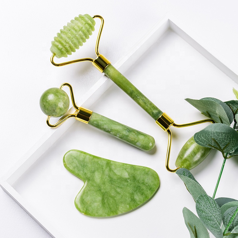 Green Vein Jade Roller for Facial Neck Body &amp; Muscle Relaxation Anti-Aging Gua Sha Face Massage Kit