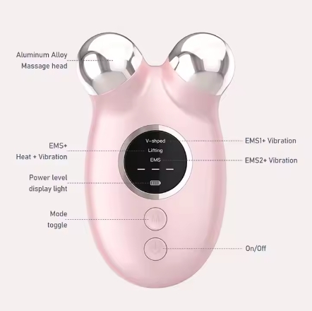 Professional Hand Held USB Powered Microcurrent EMS Facial Massager Pink White Aluminum Alloy Waterproof 3-Level Anti-Aging Skin